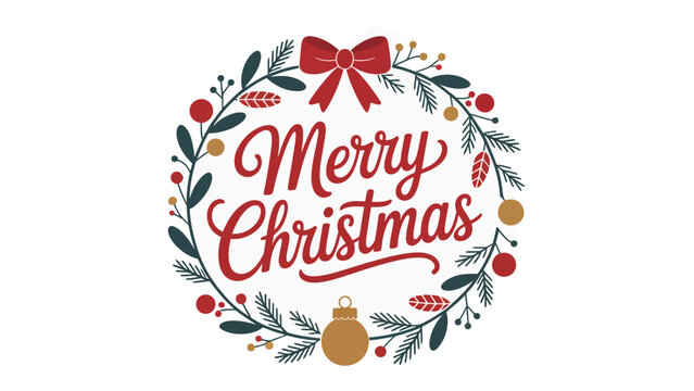Festive Christmas Wreath: A captivating visual greeting, displaying a merry Merry Christmas message artfully nestled within a festive wreath of leaves and berries, perfect for holiday greetings.