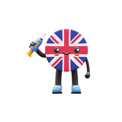 Cute 3D United Kingdom flag mascot holding medical syringe symbolizing healthcare and vaccination concept.