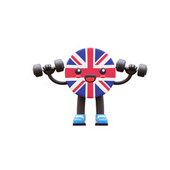 Cute 3D United Kingdom flag mascot lifting dumbbells symbolizing strength, health, and motivation.