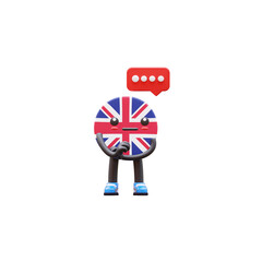 Cute 3D United Kingdom flag mascot thinking with red chat bubble showing idea and contemplation.