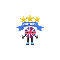 Cute 3D United Kingdom flag mascot with blue ribbon and stars celebrating victory and success.