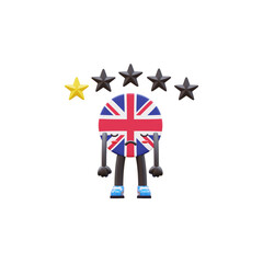Sad 3D United Kingdom flag mascot with one yellow star and four dark stars representing poor rating.