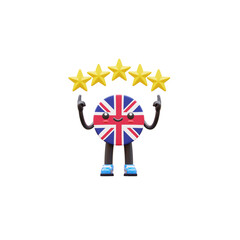 Happy 3D United Kingdom flag mascot with five yellow stars representing high rating and satisfaction.