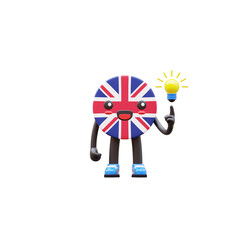 Cute 3D United Kingdom flag mascot holding glowing light bulb symbolizing creativity and innovation.