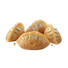 Golden brown pan fried dumplings arranged in a close up shot with sprinkled chives on top isolated on a transparent background