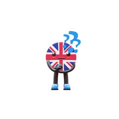 Cute 3D United Kingdom flag mascot thinking with blue question marks representing curiosity and ideas.
