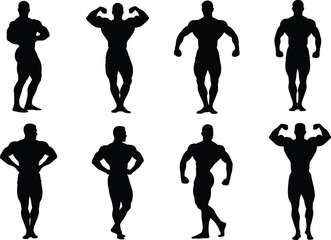Bodybuilding silhouettes, muscular poses, fitness vector, flexing stance, black design, competition posture, strength training, gym physique, athlete illustration