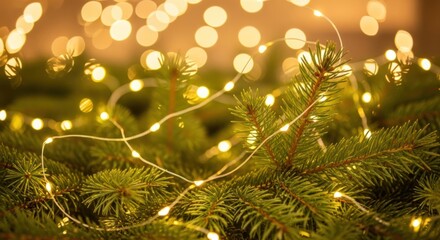 Warm golden fairy lights illuminate the green needles of a Christmas tree, creating a festive holiday bokeh effect.
