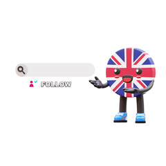 Cute 3D United Kingdom flag mascot pointing at follow button with search bar symbolizing social media promotion.