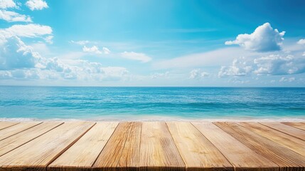 Fototapeta premium Tranquil Seaside View with Wooden Deck and Clear Blue Sky Reflecting Calm Waters and Soft White Clouds on a Serene Day at the Beach