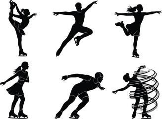 Figure skating silhouettes, Biellmann spin, jump pose, arabesque glide, speed skating, artistic spin, sport vector, black design, graceful motion