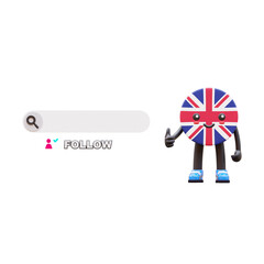 Cute 3D United Kingdom flag mascot giving thumbs up with follow search bar representing social approval.