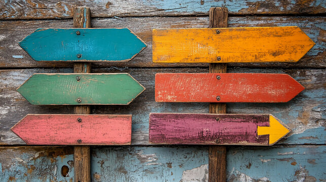 Colorful wooden arrow signs point in different directions, suggesting choices, decisions, or a journey, perfect for travel blogs, wayfinding apps, and motivational content