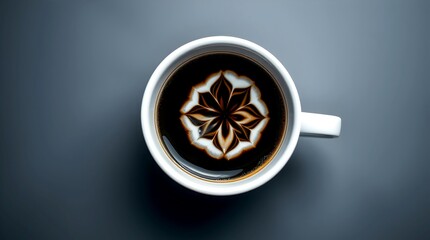 This New Photo Captures the Top View of a Black Coffee Cup, Highlighted by a Beautiful White Cream Swirl Shaped Like a Winter Snowflake.