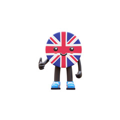 Cute 3D United Kingdom flag mascot showing thumbs up representing approval, success, and positivity.