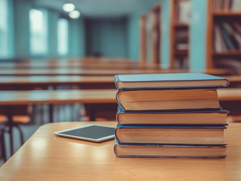 Selective focus. Classroom desk with printed textbook and tablet showing digital coursework. Hybrid learning setup with textbook and digital tablet on school desk