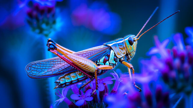 A macro photograph of a grasshopper perched on purple flowers, illuminated by a blue and purple glow effect.