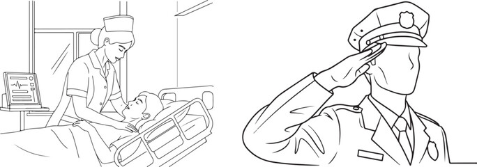 Line art healthcare worker and police officer illustrations