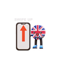 Cute 3D United Kingdom flag mascot holding smartphone with big orange arrow and �Swipe Up� text for social media promotion.