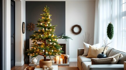 Cozy and Elegant Stylish Living Room Featuring a Beautifully Decorated Christmas Tree Illuminated by Warm White Lights.