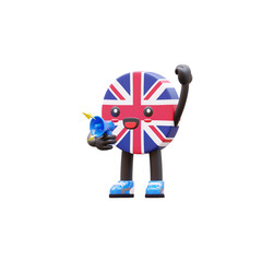 Cute 3D United Kingdom flag mascot holding blue megaphone speaking out loud symbolizing announcement and communication.