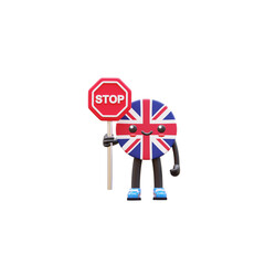 Cute 3D United Kingdom flag mascot holding red octagon stop sign symbolizing warning and safety.