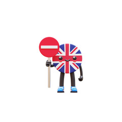 Cute 3D United Kingdom flag mascot holding red circle do not enter sign representing restriction and traffic control.