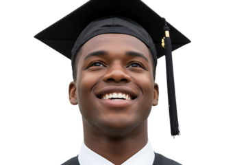 Young black man wearing graduation cap and gown isolated on transparent background