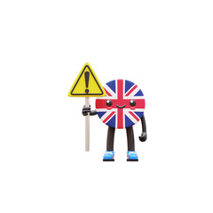 Cute 3D United Kingdom flag mascot holding yellow triangle danger sign symbolizing alert, risk, and safety warning.
