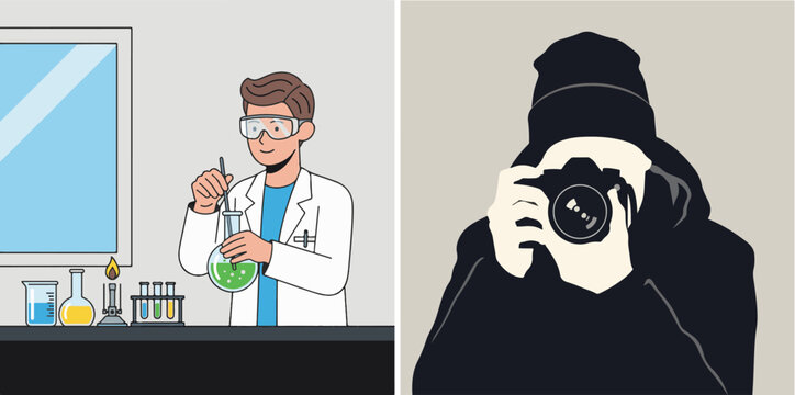 Flat vector illustration split panel of scientist and hidden camera person.