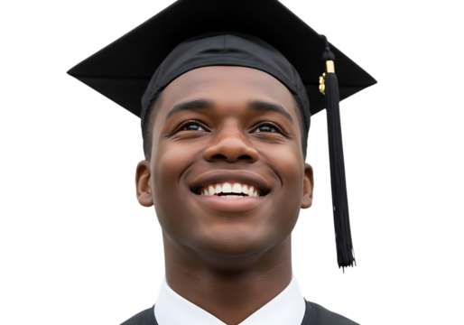 Young black man wearing graduation cap and gown isolated on transparent background