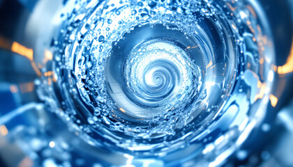 Water-filled pipe tunnel view with droplets