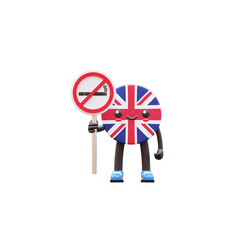 Cute 3D United Kingdom flag mascot holding no smoking sign promoting healthy lifestyle and public awareness.