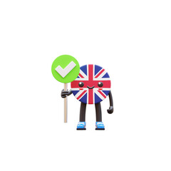 Cute 3D United Kingdom flag mascot holding green check sign representing approval, success, and confirmation.