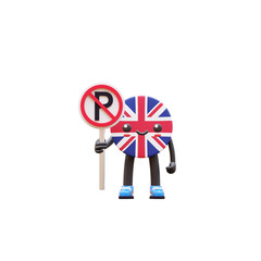 Cute 3D United Kingdom flag mascot holding no parking sign symbolizing restriction and traffic awareness.