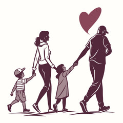 Family walking together with a heart symbol parents