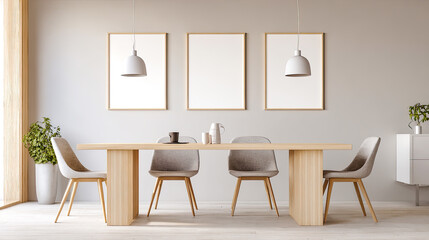 Zeitlose, helle Interiors mit klaren Galerie-W&auml;nden aus mehreren Poster-Mockups in modernen, minimalistischen R&auml;umen. Perfekt f&uuml;r Designer und Shops, die komplette Print-Serien, Wandkunst und Sets 