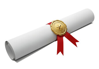 Rolled diploma with gold seal and red ribbon isolated on transparent background