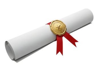Rolled diploma with gold seal and red ribbon isolated on transparent background