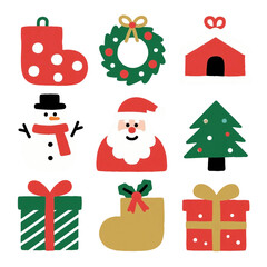 Fototapeta premium Collection of cute, simple Christmas elements vector icons. Includes a stocking, wreath, dog house, snowman, Santa Claus, Christmas tree, and wrapped gift boxes