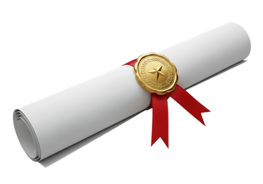 Rolled diploma with gold seal and red ribbon isolated on transparent background