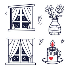 Windows, Flowers, and Candle with Hearts curtains vase