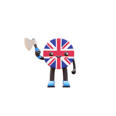 Cute 3D United Kingdom flag mascot wearing helmet and holding axe symbolizing construction, woodwork, and labor work.