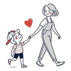Mother and Son Walking Hand in Hand with Heart child
