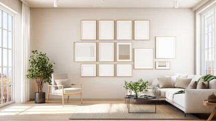 Fototapeta premium Zeitlose, helle Interiors mit klaren Galerie-Wänden aus mehreren Poster-Mockups in modernen, minimalistischen Räumen. Perfekt für Designer und Shops, die komplette Print-Serien, Wandkunst und Sets 