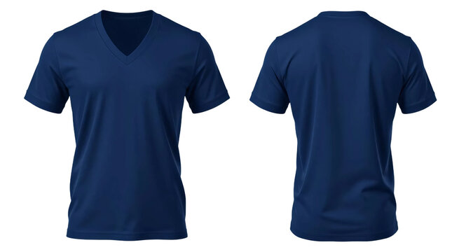 Dark blue v-neck t-shirt in front and back view, mockup isolated on transparent background