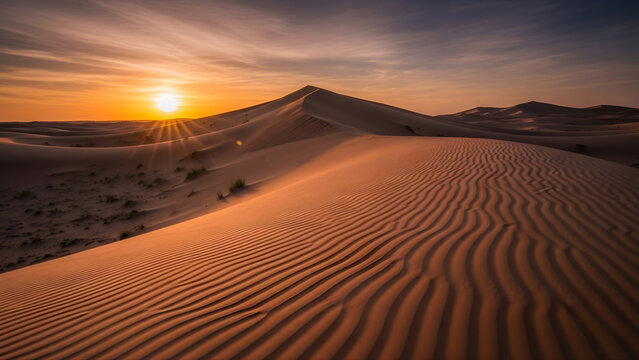 Golden desert dunes at sunset with rippled sand patterns