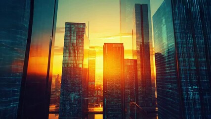 Urban cityscape reflecting digital data and sunset glow - Powered by Adobe