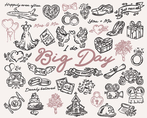 Whimsical, playful set of hand drawn wedding icons vector collection, 