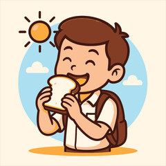 Cheerful school kid eating a slice of bread as a quick breakfast or snack under the morning sun, a delightful flat vector logo illustration for daily routines